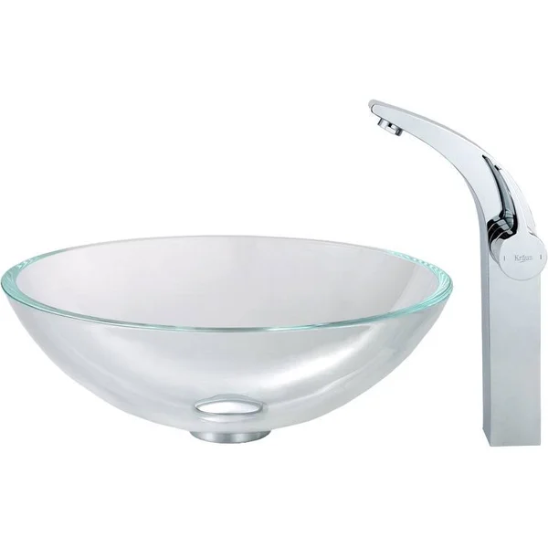 Kraus C-GV-100-12mm-14700CH Crystal Clear Glass Vessel Sink and Illusio Faucet Chrome