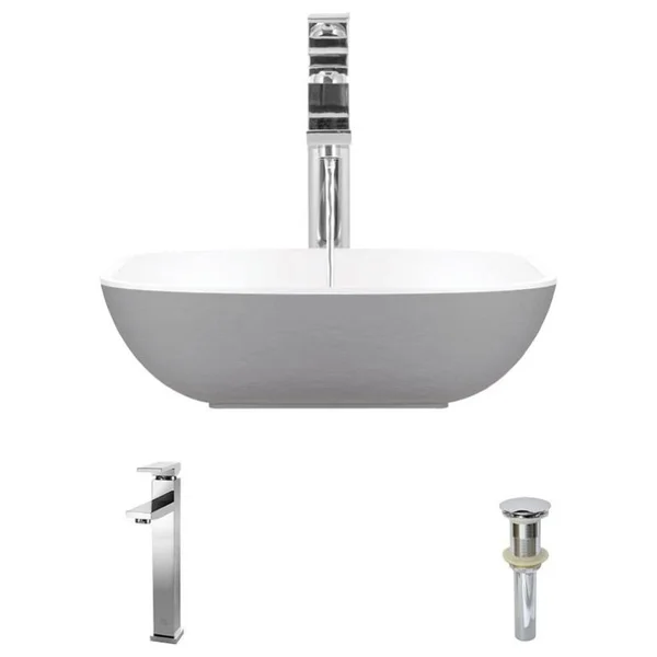 Rene R11-5003-Plt-R9-7003 Stone Composite Square Vessel Sink - Platinum - Chrome, Silver