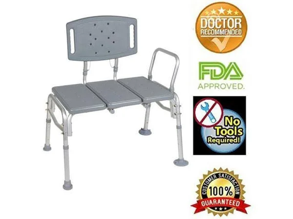 Healthline TRANSFER Bench Adjustable Height, Heavy Duty Bariatric Tub TRANSFER Bench with BACK, Non