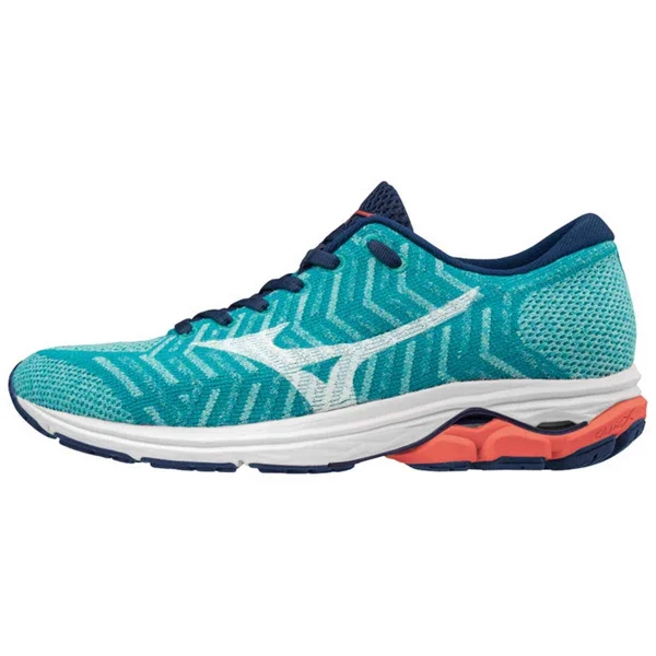 Mizuno Wave Rider 22 Knit (Peacock Blue/Fiery Coral) Women's Running Shoes