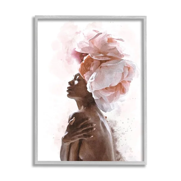Stupell Industries African American Woman Pink Floral Crown Abstract Portrait Framed Wall Art - Grey - 24 x 30