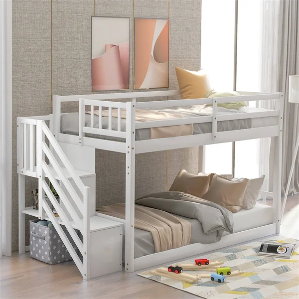 Twin Over Twin Floor Bunk Bed, Ladder with Storage - White