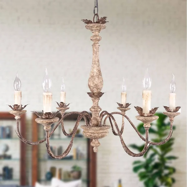 Farmhouse Royal 6-Light Distressed White and Bronze Wood Chandelier - Antique Wood FC4010