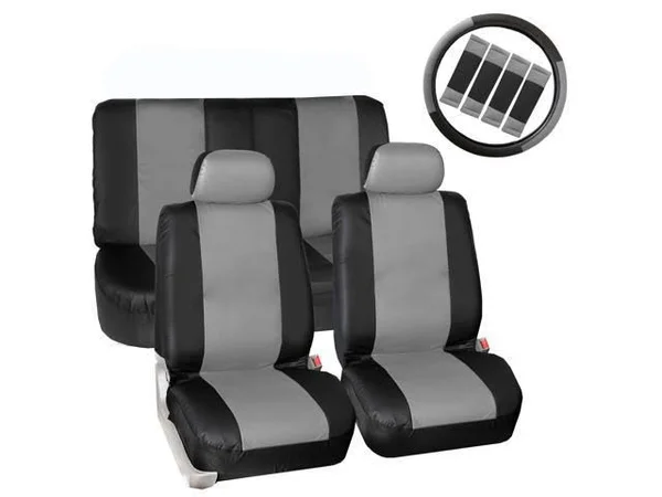 FH Group Gray Faux Leather Car Seat Cover w/ Accessories and Black All Weather Floor Mat
