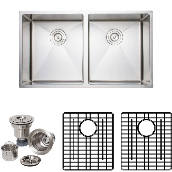 Wells Sinkware Handcrafted 33-inch 16-Gauge Undermount 50-50 Double Bowl Stainless Steel Kitchen Sink Package