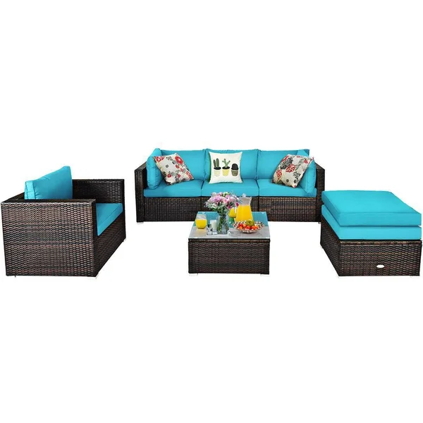 Costway 6-Piece PE Rattan Outdoor Sectional Set with Turquoise Cushions