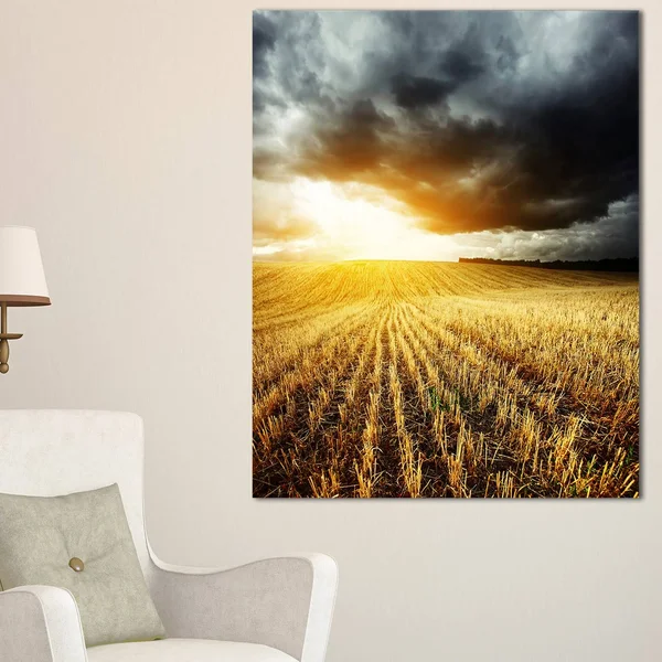 Design Art Storm Dark Clouds Over Wheat Stems Photographic Print on Wrapped Canvas, Yellow