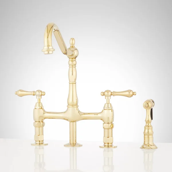 Signature Hardware 907295 Bellevue Bridge Kitchen Faucet with Brass Sprayer - Lever Handles Polished Brass Faucet Kitchen Double