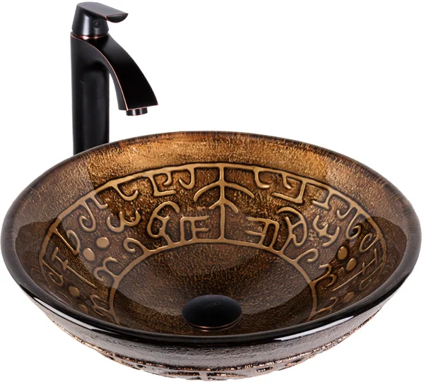 Vigo VGT371 Golden Greek Glass Vessel Sink and Linus Faucet Set in Antique Rubbed Bronze