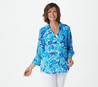 Belle by Kim Gravel Abstract Floral Printed V-Neck Blouse - Size 3X, Blue
