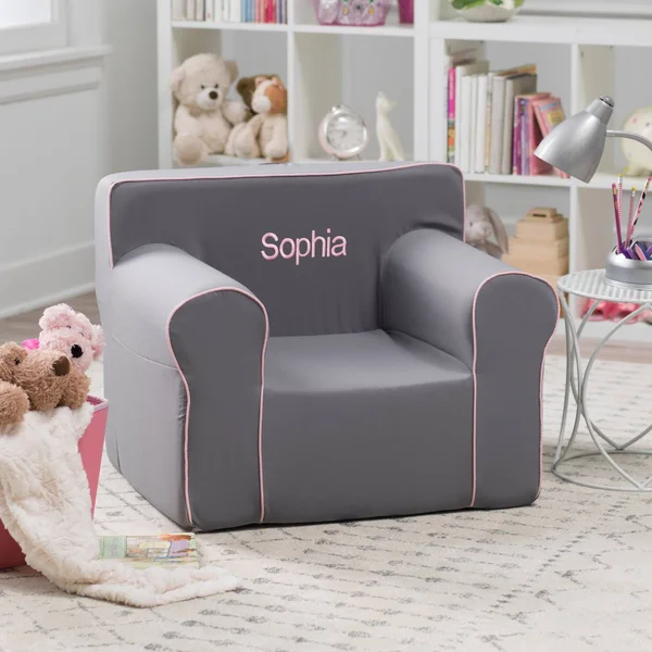Here and There Personalized Kids Chair - Gray Canvas - Pink