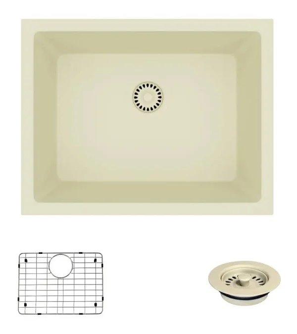 Rene R3-1004-ECR-ST-CGF Ecru Single Bowl Composite Granite Kitchen Sink with Grid and Matching Colored Flange