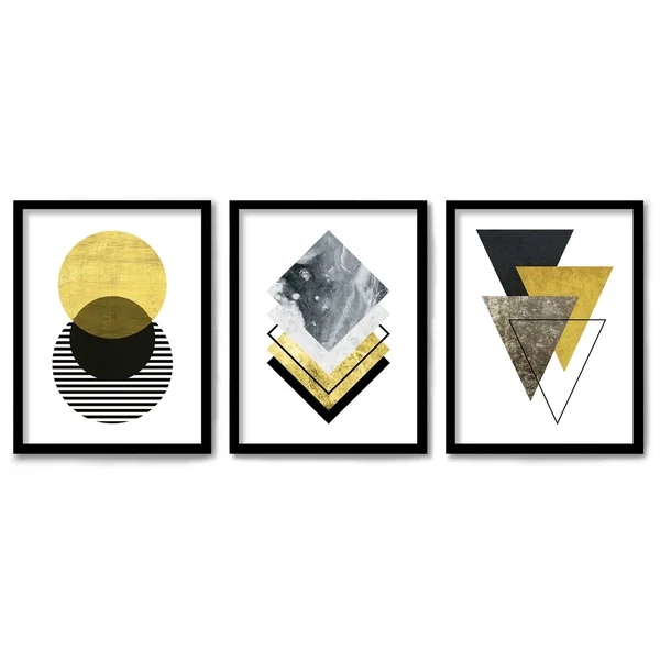 Americanflat Triptych Wall Art Minimalist Geo by Monica Pop - Set of 3 Black Framed Prints - Size: 22 x 28, Gold