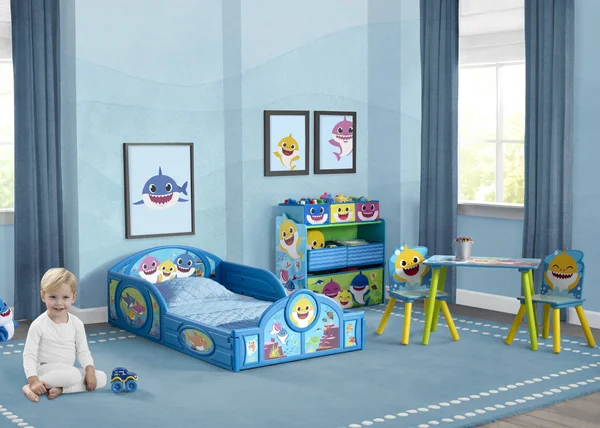 Baby Shark Plastic Sleep and Play Toddler Bed with Attached Guardrails