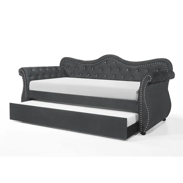 Galaxy Home Furnishings Galaxy Home Abby Upholstered Velvet Solid Wood Daybed with Trundle in Gray