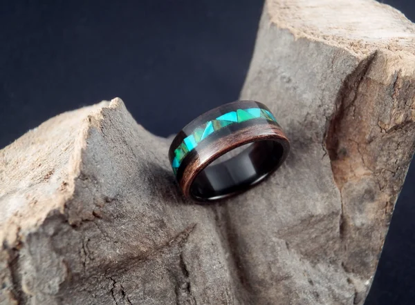 Bentwood Macassar Ebony Wooden Ring with Green - Emerald Mosaic Style Inlay - Men's Wood Ring - Women's Wood Ring, Green Inlay