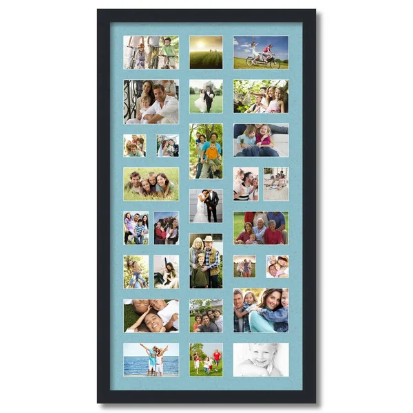 Collage Picture Frame, Satin Black Frame with 28 openings for 4x5 Photos with French Blue Mat. D3926FB561, ArtToFrames