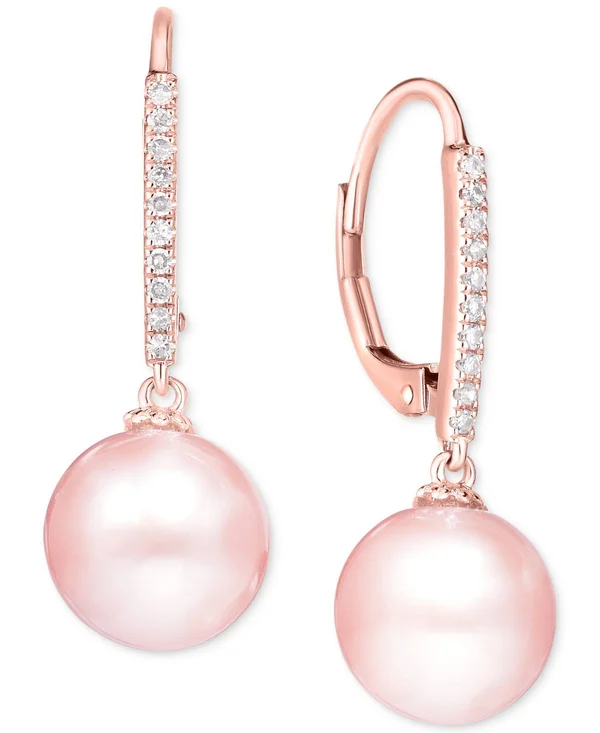 14K White Gold Earrings - Cultured Freshwater Pearl (10mm) and Diamond ( 1/10 ct.t.w) Leverback Earrings (also Available in 14K Y