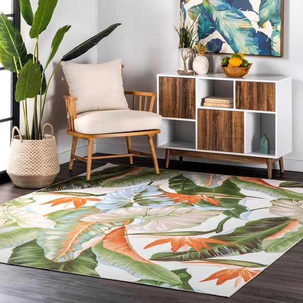 nuLOOM Green Nevaya Floral Leaves Washable Rug 4&x6&