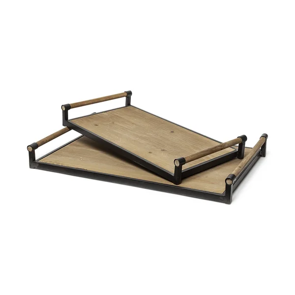 HomeRoots S/2 Light Brown Wood with Matte Black Metal Frame and Two Handles Trays (376039)