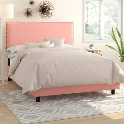 Upholstered Standard Bed Wayfair Custom Upholstery Size: Queen, Body Fabric: Linen French Yellow, Nailhead Detail: Brass