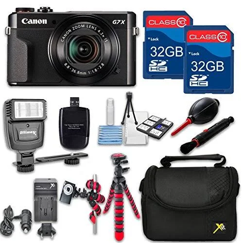 Canon PowerShot G7 x Mark II (Black) HS Point and Shoot Digital Camera, w/ Case + 64GB Memory + Flash + Tripod + Case + Cleaning