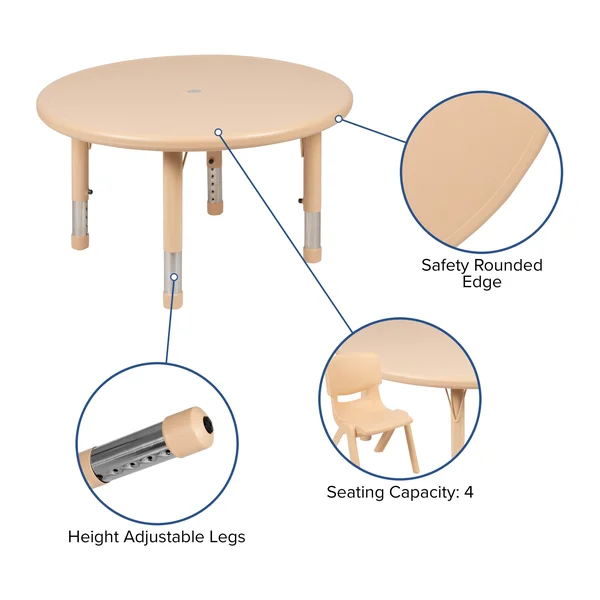 Lancaster Home 33 inch Round Plastic Height Adjustable Activity Table - School Table for 4 Natural - Beige
