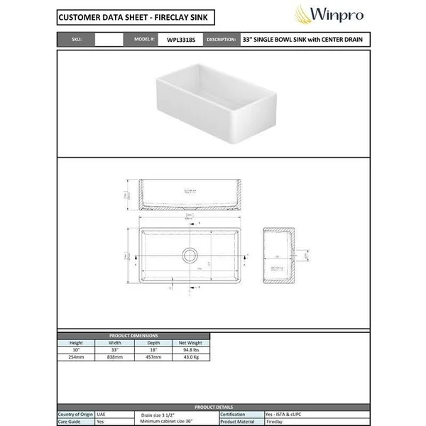 Winpro WPL3318S Fireclay 33x22 L x 18x22 W Farmhouse Kitchen Sink