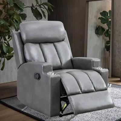 Breathable PU Leather Recliner Sofa Chair with 2 Cup Holders Contemporary Theater Seating Padded Latitude Run Fabric: Gray Faux