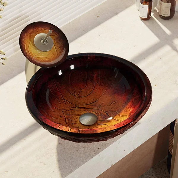 Rene R5-5018-WF-BN Red Lava Glass Bathroom Sink with Brushed Nickel Waterfall Faucet, Sink Ring, and Vessel Pop-Up Drain