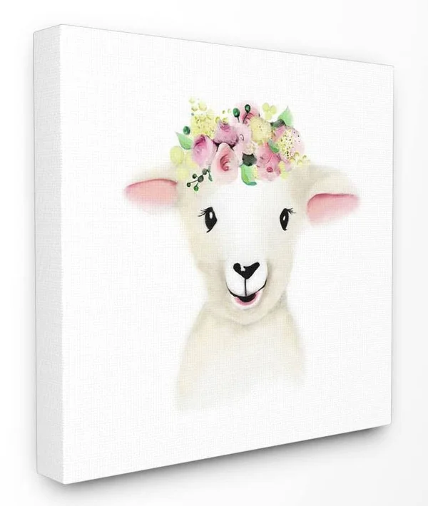 The Kids Room by Stupell 30 in. x 30 in. Cute Cartoon Baby Lamb Sheep Flower Crown Farm Painting by Studio Q Canvas Wall Art, Mu