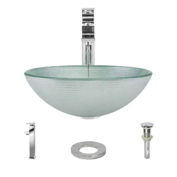 Rene R5-5034-R9-7003-C Foil Undertone Glass Vessel Sink with Chrome Vessel Faucet, Sink Ring, and Vessel Pop-Up Drain