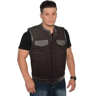 Men's Denim Leather Trim Hidden Zipper Club Vest (5XL) - Black