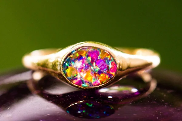 Golden Oval Ring - Purple & Green - 10 Silver and Opal Cremation Jewelry