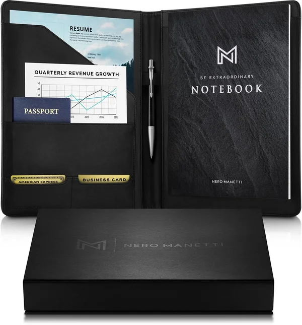 Nero MANETTI- Leather Portfolio Folder - Business PU Leather Portfolio Notepad Holder for Resumes, Legal Pad Portfolio Executive
