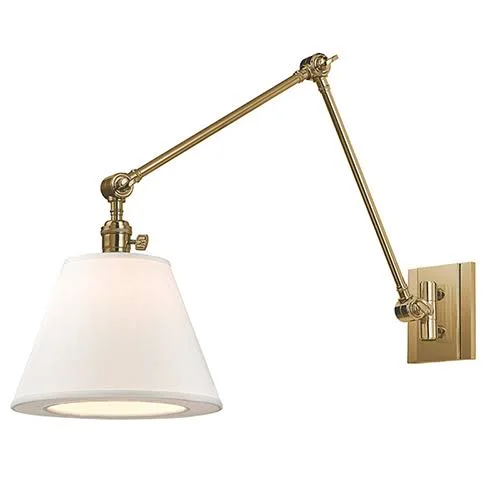 Mill & Mason Rae One-Light Swing Arm Wall Sconce w/ White Shade in Aged Brass, Transitional, Bellacor 2313395