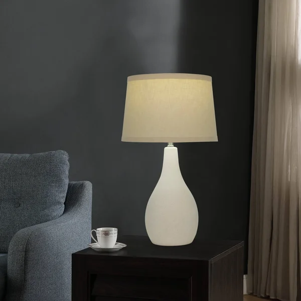 19x22 Tear Drop Textured Ceramic Table Lamp - White with Beige Shade