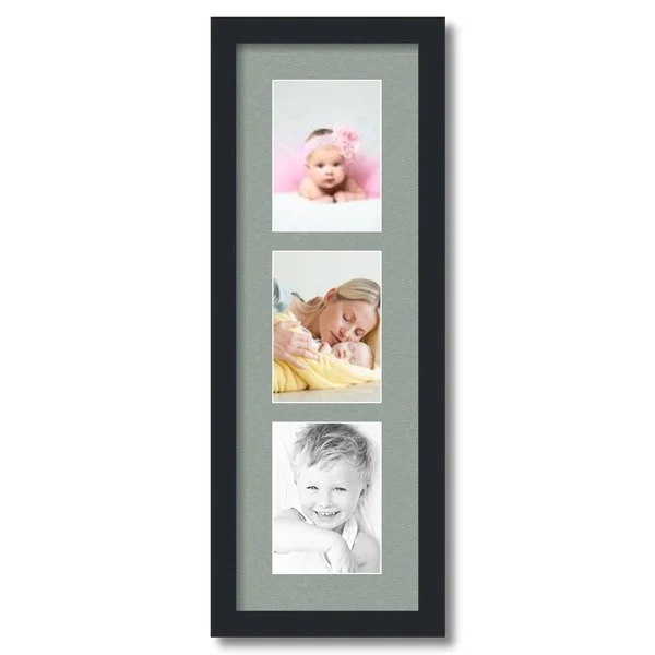 ArtToframes Collage Picture Satin Black Frame with 3 openings for 5x7 photos with Grey Silverpine Mat