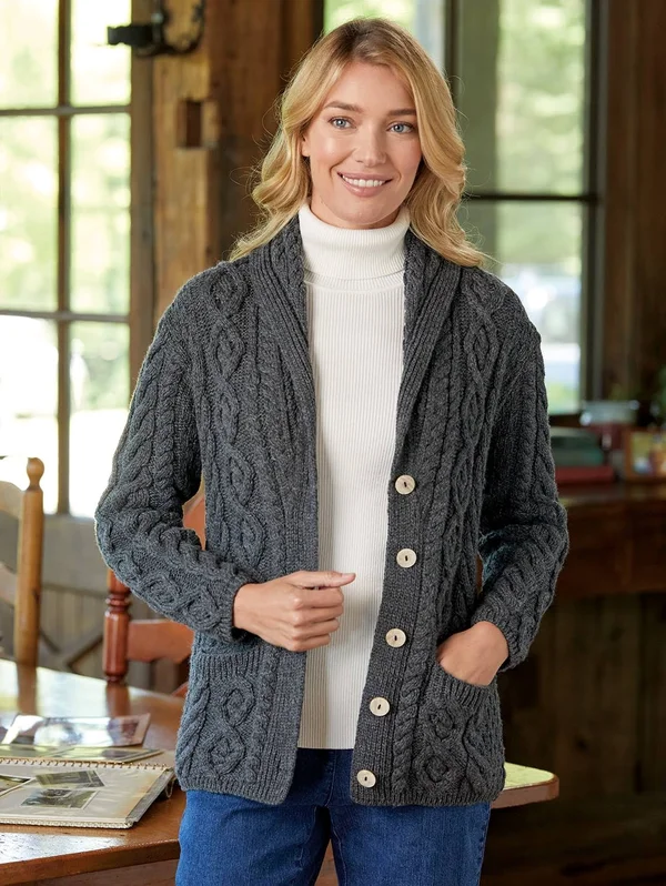 Women's Irish Supersoft Wool Shawl-Collar Cardigan - Charcoal - Medium - Vermont Country Store