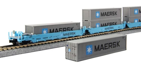 Kato - Gunderson MAXI-I 5-Unit Double-Stack Well Car - 40& Containers - Ready to Run - Maersk 100029 (Blue - 10 Maersk Containers
