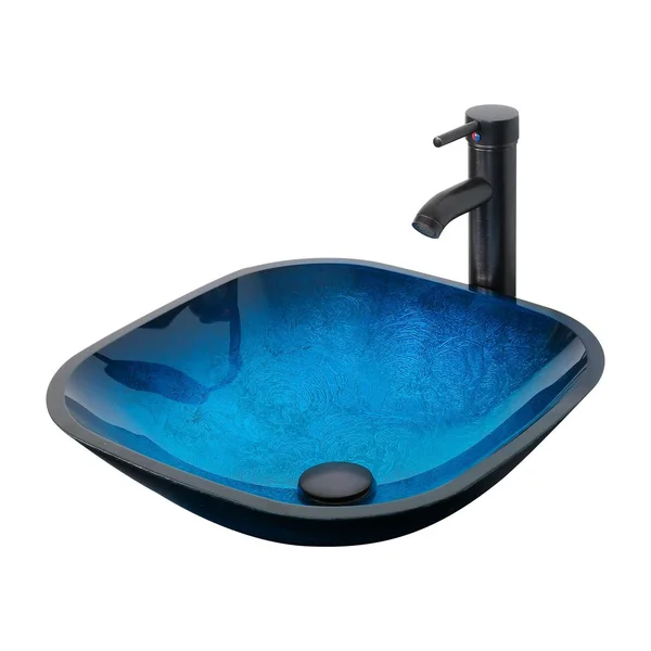 ECLIFE 16.5x22 Ocean Blue Square Bathroom Sink Artistic Tempered Glass Vessel Sink Combo with Oil Rubber Bronze Faucet and Pop U