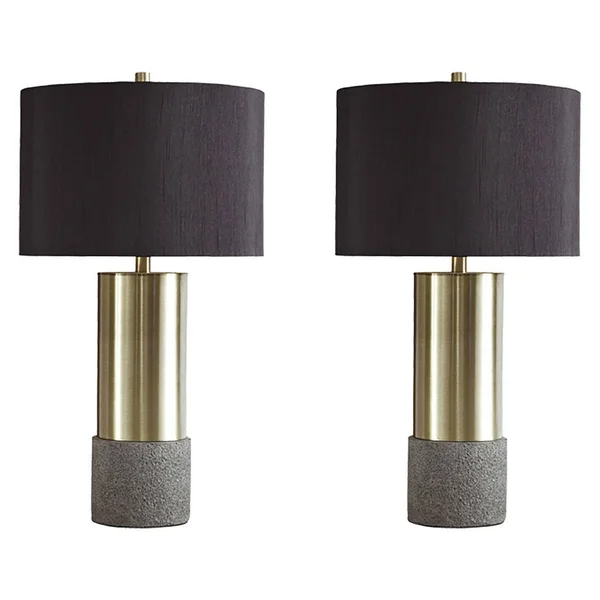 Benjara Bm230945 Faux Concrete and Metal Base Table Lamp - Set of 2, Brass and Gray