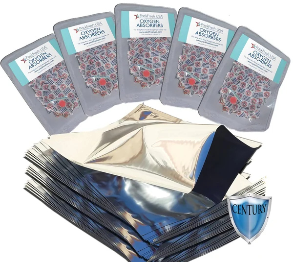 Quart Premium Mylar Bags with 300cc Oxygen Absorbers in 10-Packs (50) with PackFreshUSA LTFS Guide
