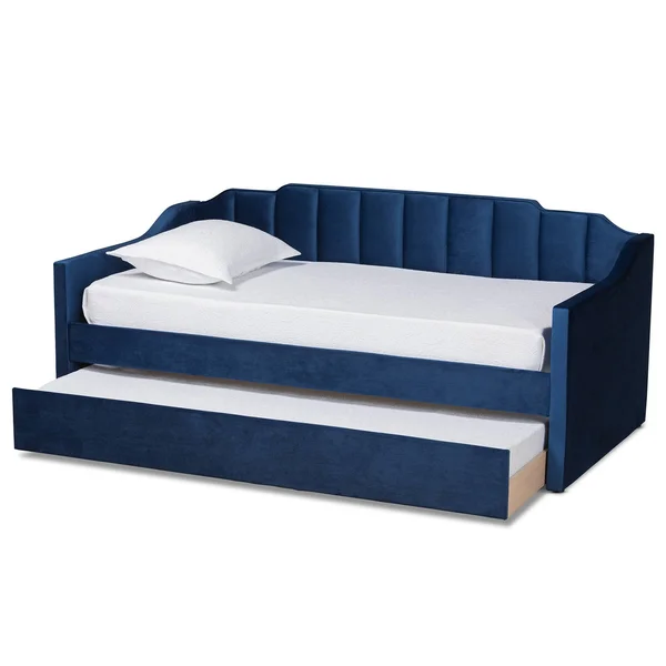 Baxton Studio Lennon Modern and Contemporary Navy Blue Velvet Fabric Upholstered Twin Size Daybed with Trundle