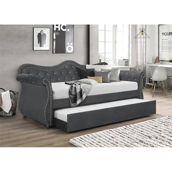 Galaxy Home Furnishings Galaxy Home Abby Upholstered Velvet Solid Wood Daybed with Trundle in Gray