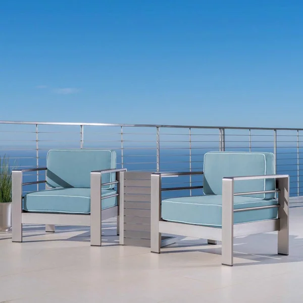 Noble House Cape Coral Silver 3-Piece Aluminum Patio Conversation Seating Set with Light Teal and White Corded Cushions