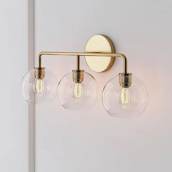 Sculptural 3-Light Sconce, Globe Mini, Clear, Antique Brass, 6x22