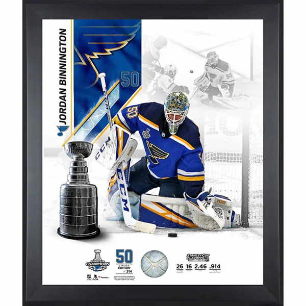 Jordan Binnington St. Louis Blues 2019 Stanley Cup Champions Framed 20x22 x 24x22 Photograph with A Piece of Game-Used Net from