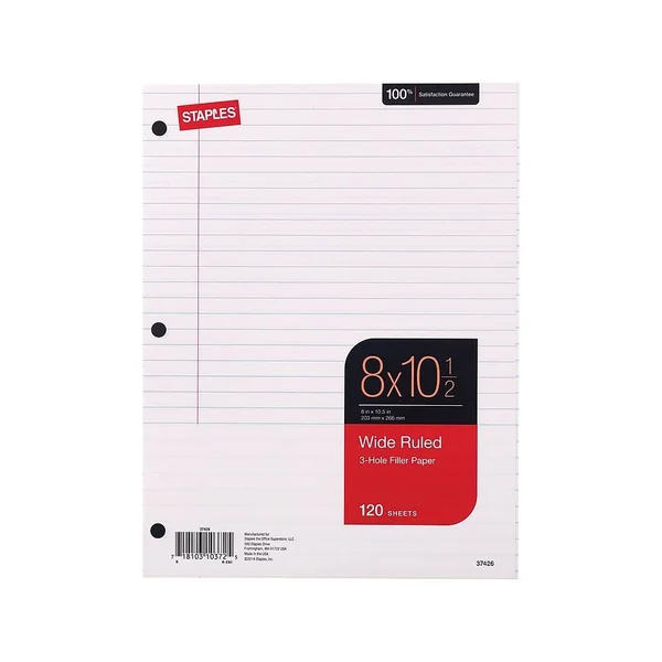 Staples Wide Ruled Filler Paper 8" x 10-1/2" 120 Sheets 36 Pack 2072487