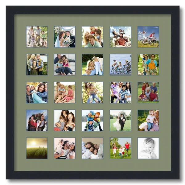 Collage Picture Frame - Satin Black Frame with 25 openings for 3x3 Photos with Green Basil Mat. D3926GK2093, ArtToFrames